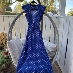 Free the Roses Women's Maxi Dress Polkadot, Blue & White, Button Up, Size M